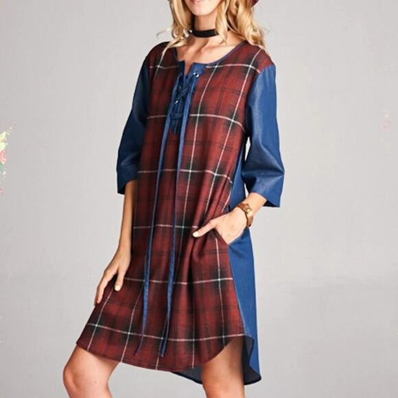 Plaid and Chambray Half Sleeve Grommet Placket Shirt Tail Hem Boho Tunic Dress - Picture 1 of 12